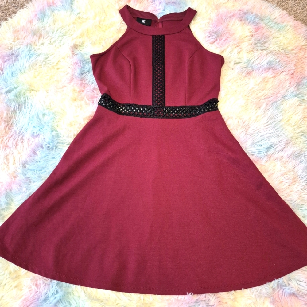 Iz Byer Burgandy Mock Neck Fit and Flare Dress